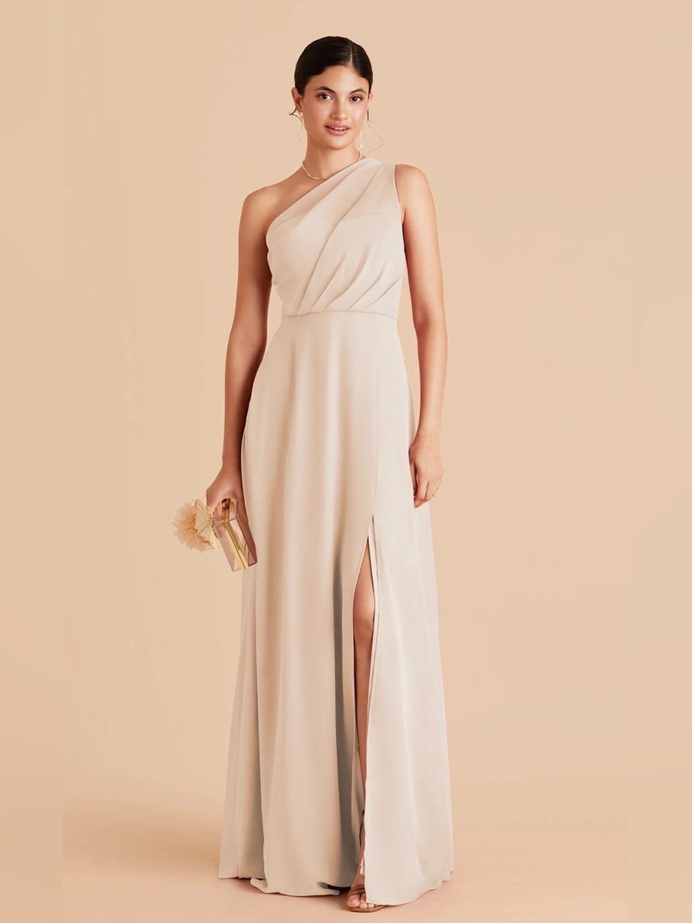 Birdy Grey Kira One Shoulder Chiffon Bridesmaid Formal Dress Slit Champagne L